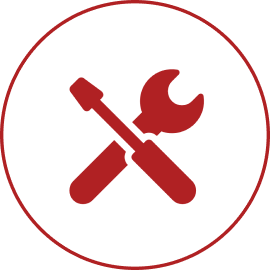 Wrench and screwdriver crossed in red circle.