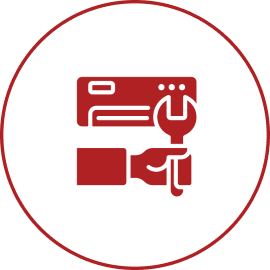 Red tool and browser icon on black background.